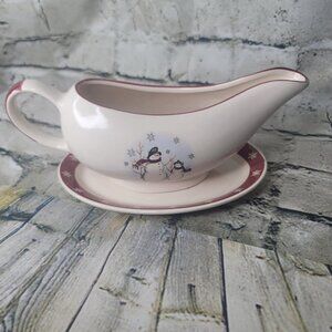 Royal Seasons Holiday Christmas Snowmen Stoneware Gravy Boat w Saucer